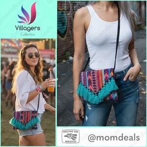 Ethnic Boho Large Clutch Suede Wristlet Bag Handmade Embroidery Tassels Indi NEW